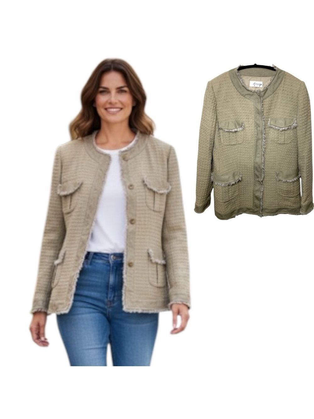 Gossip Green Tan Tweed Frayed Blazer Jacket Buttons Up Sz 48 *Real M-L Italy